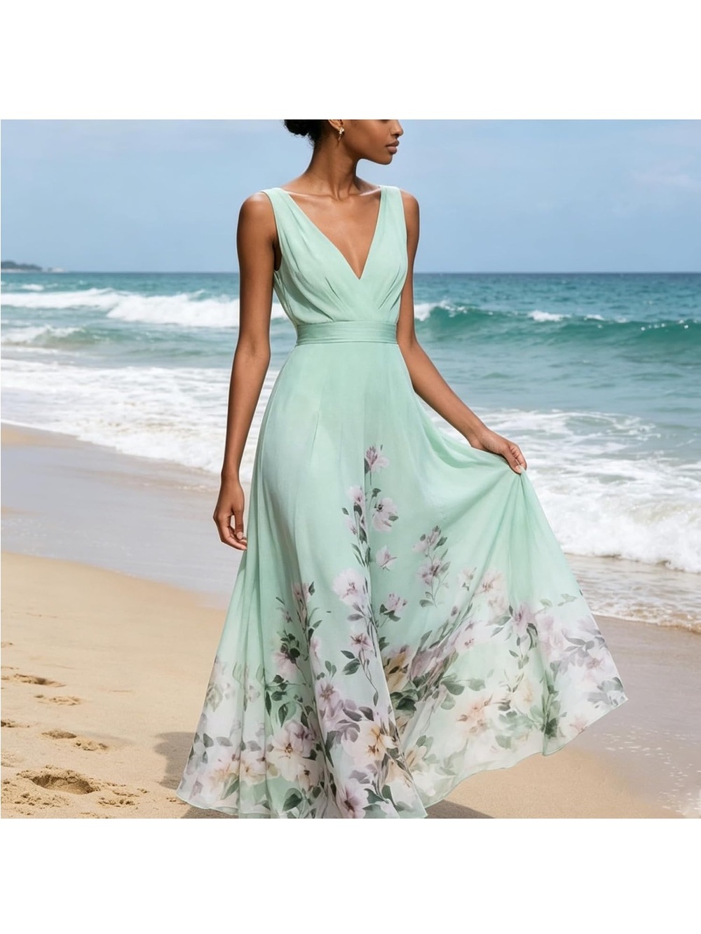 Sleeveless V-Neck Mint Green Floral Maxi Dress